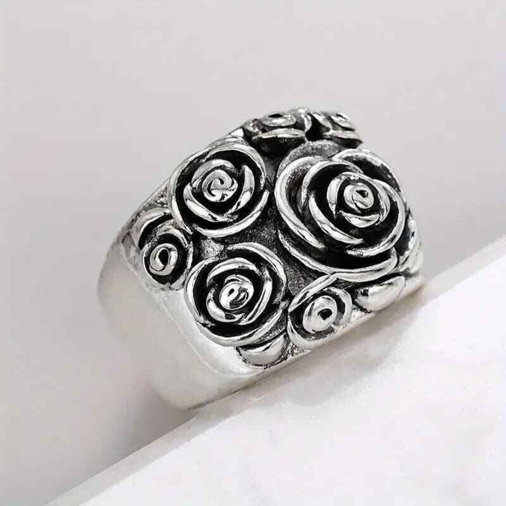 Vintage Rose Ring Size 9 NEW Silver Plated Wide Band Flower Statement Jewelry